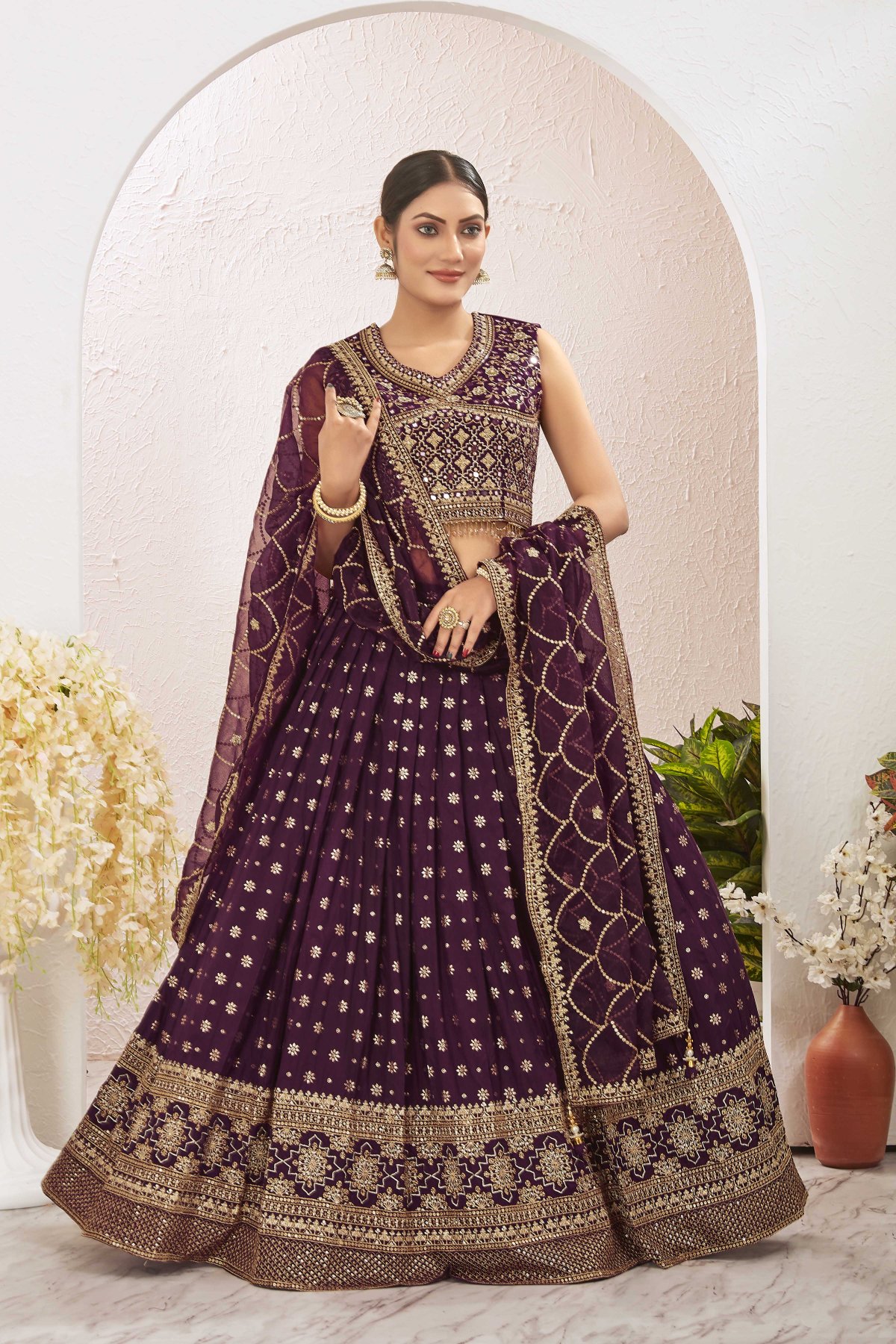 Attractive Wine Net Embroidered A Line Lehenga Choli for Ceremonial