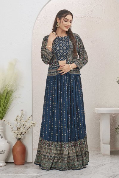 PETROL BLUE LEHENGA CHOLI WITH JACKET INDO-WESTERN LEHENGA