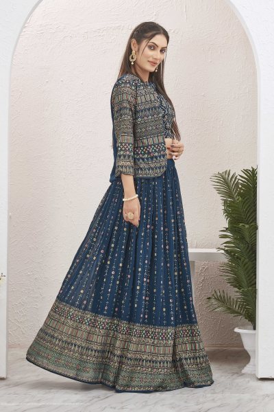 PETROL BLUE LEHENGA CHOLI WITH JACKET INDO-WESTERN LEHENGA