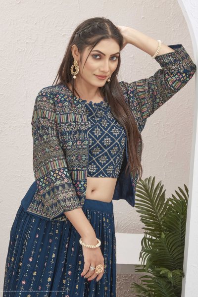 PETROL BLUE LEHENGA CHOLI WITH JACKET INDO-WESTERN LEHENGA