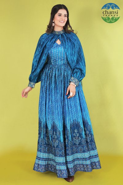 BLUE BANDHEJ GOWN INDO-WESTERN GOWN