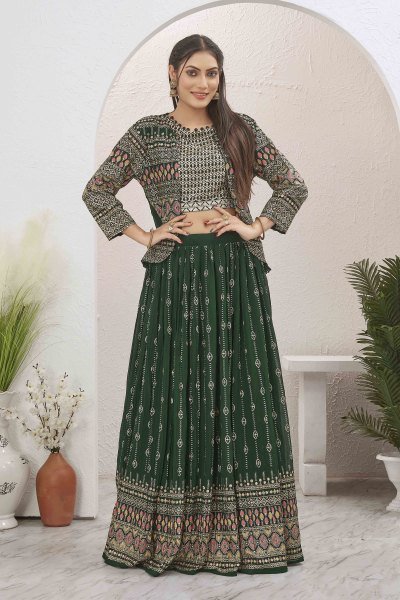 BOTTLE GREEN LEHENGA CHOLI WITH JACKET INDO-WESTERN LEHENGA