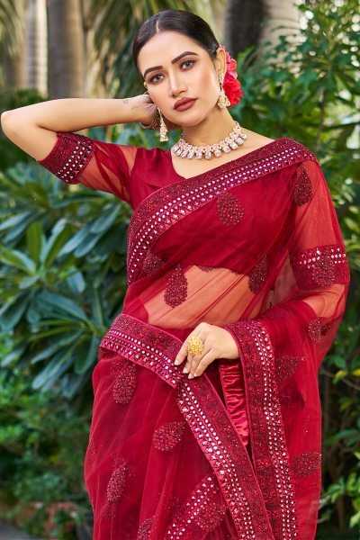 Floral Embellished Mirror Work Saree SAREE
