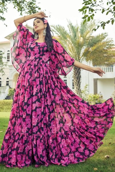 Floral Print Georgette Fit & Flare Maxi Dress GOWN