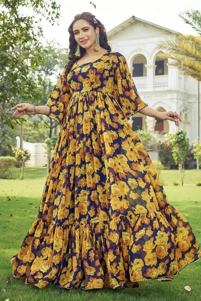 Floral Print Georgette Fit & Flare Maxi Dress GOWN