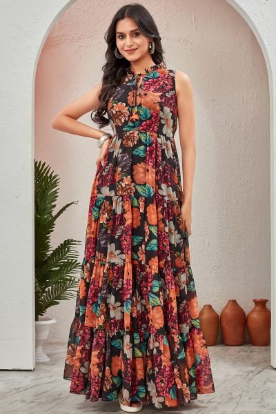 Floral Printed Georgette Maxi Dress DRESSES