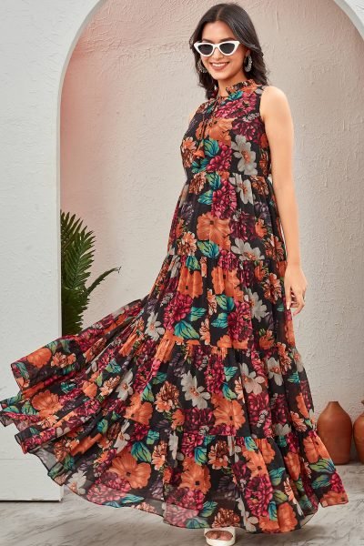 Floral Printed Georgette Maxi Dress DRESSES