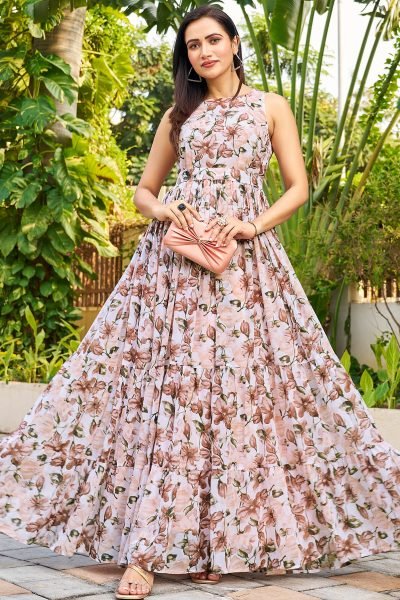 FLORALPRINT MULTI LAYERED FLAIRED DRESS GOWN