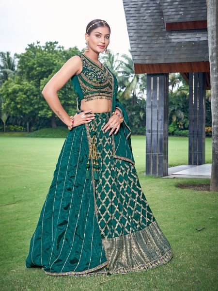 GREEN VISCOSE JACQUARD LEHNGA CHOLI MEHENDI FUNCTION