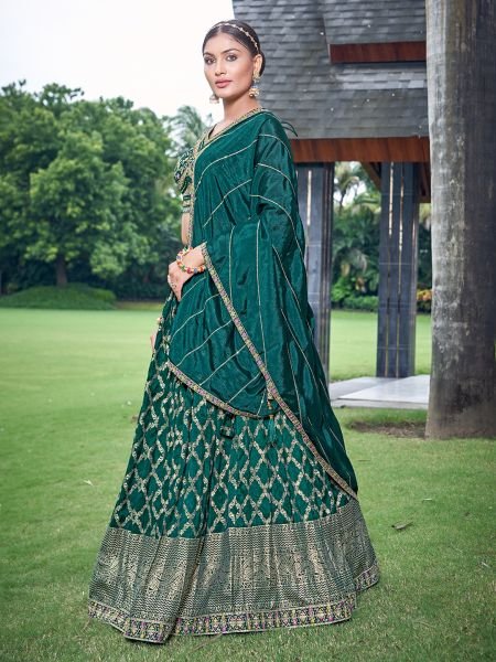 GREEN VISCOSE JACQUARD LEHNGA CHOLI MEHENDI FUNCTION