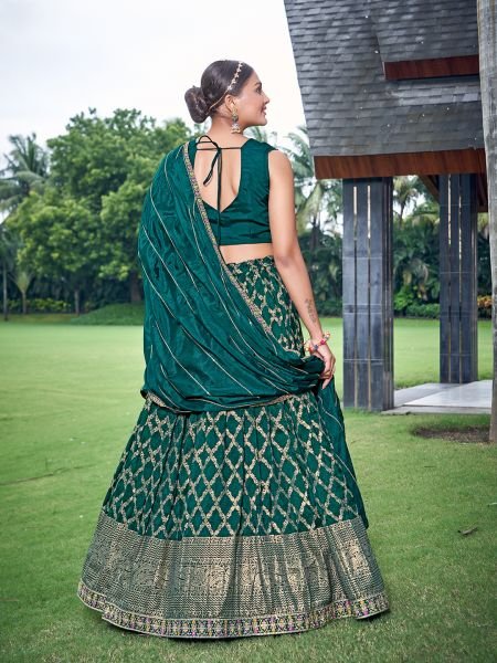 GREEN VISCOSE JACQUARD LEHNGA CHOLI MEHENDI FUNCTION