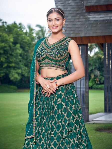 GREEN VISCOSE JACQUARD LEHNGA CHOLI MEHENDI FUNCTION