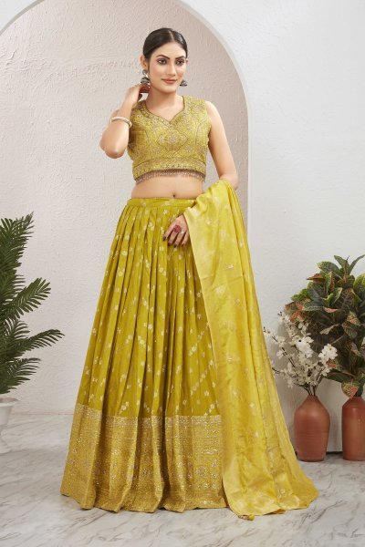 LEMON YELLOW VISCOSE JACQUARD LEHENGA CHOLI HALDI LEHENGA