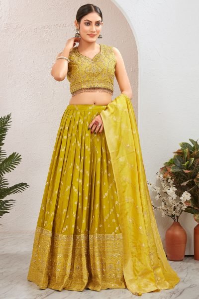 LEMON YELLOW VISCOSE JACQUARD LEHENGA CHOLI HALDI LEHENGA