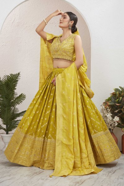 LEMON YELLOW VISCOSE JACQUARD LEHENGA CHOLI HALDI LEHENGA