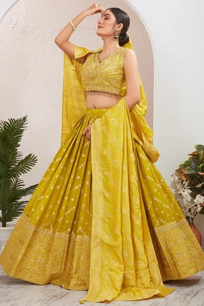 LEMON YELLOW VISCOSE JACQUARD LEHENGA CHOLI HALDI LEHENGA