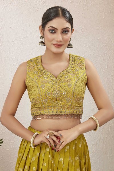 LEMON YELLOW VISCOSE JACQUARD LEHENGA CHOLI HALDI LEHENGA