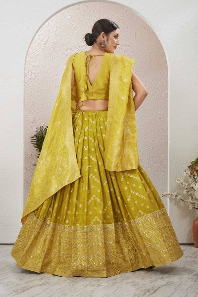 LEMON YELLOW VISCOSE JACQUARD LEHENGA CHOLI HALDI LEHENGA