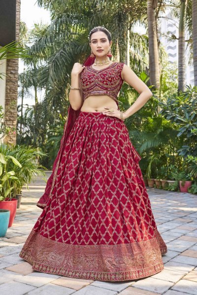 MAROON VISCOSE JACQUARD LEHNGA CHOLI ETHNIC LEHENGA