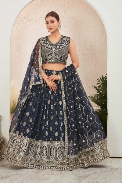 Latest Gold Satin Embroidered A - Line Lehenga online -