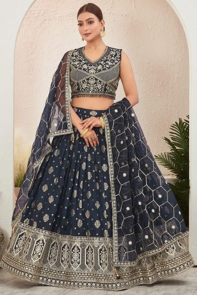 NAVY BLUE JACQUARD LEHENGA CHOLI LEHENGA