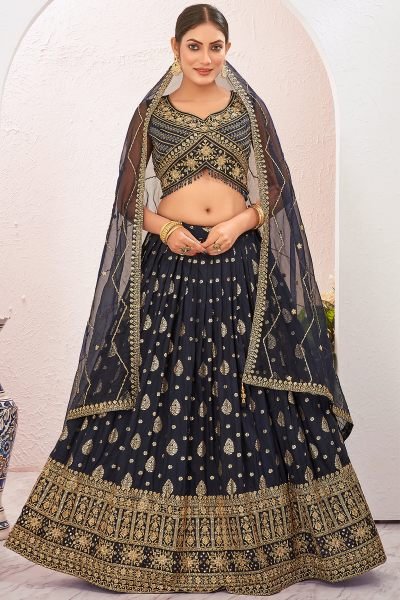 NAVY BLUE JACQUARD LEHENGA CHOLI SIDERS LEHENGA