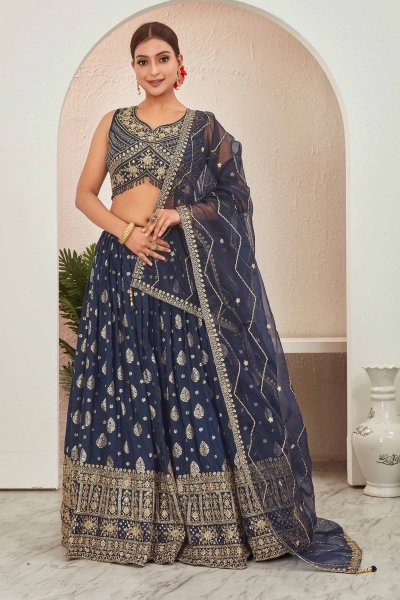 NAVY BLUE JACQUARD LEHENGA CHOLI SIDERS LEHENGA