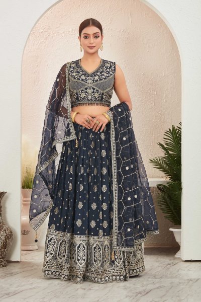 NAVY BLUE JACQUARD LEHENGA CHOLI SIDERS LEHENGA