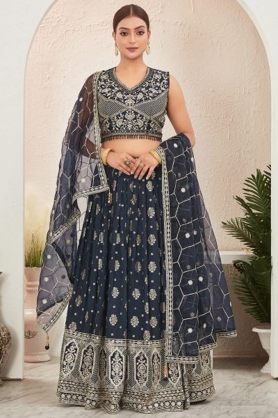 NAVY BLUE JACQUARD LEHENGA CHOLI SIDERS LEHENGA