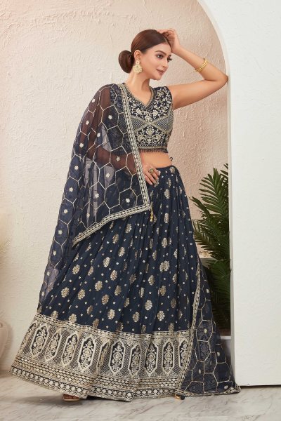 NAVY BLUE JACQUARD LEHENGA CHOLI SIDERS LEHENGA