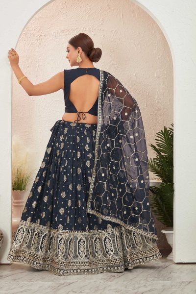 NAVY BLUE JACQUARD LEHENGA CHOLI SIDERS LEHENGA