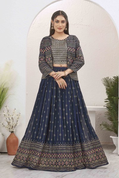 NAVY BLUE LEHENGA CHOLI WITH JACKET INDO-WESTERN LEHENGA