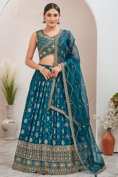 PETROL BLUE JACQUARD LEHENGA CHOLI SIDERS LEHENGA