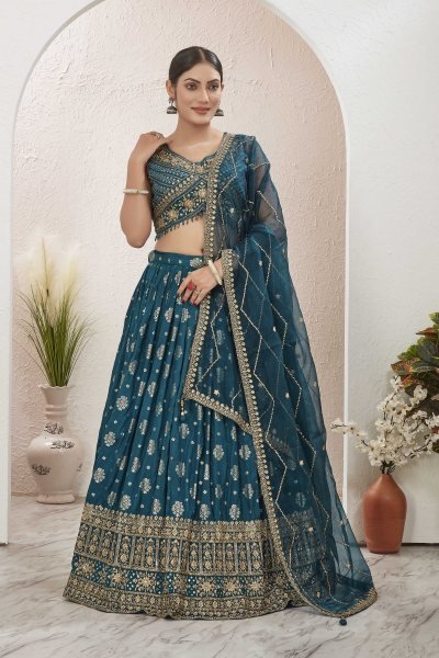 PETROL BLUE JACQUARD LEHENGA CHOLI SIDERS LEHENGA