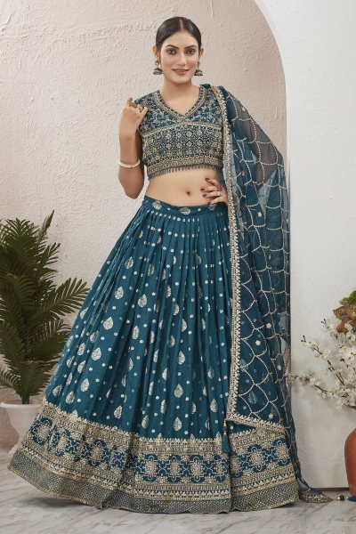 PETROL BLUE JACQUARD LEHENGA CHOLI SIDERS LEHENGA