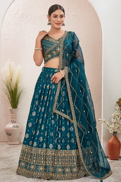 PETROL BLUE JACQUARD LEHENGA CHOLI SIDERS LEHENGA