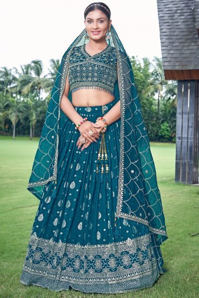 PETROL BLUE JACQUARD LEHENGA CHOLI SIDERS LEHENGA