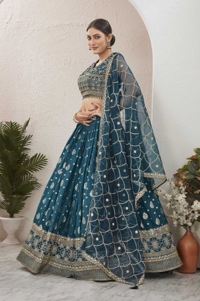 PETROL BLUE JACQUARD LEHENGA CHOLI SIDERS LEHENGA