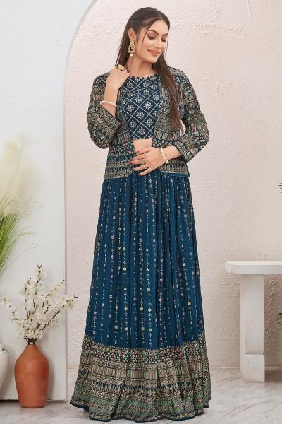 PETROL BLUE LEHENGA CHOLI WITH JACKET INDO-WESTERN LEHENGA