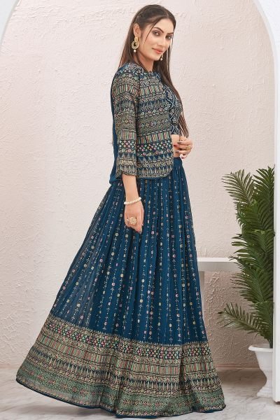 PETROL BLUE LEHENGA CHOLI WITH JACKET INDO-WESTERN LEHENGA