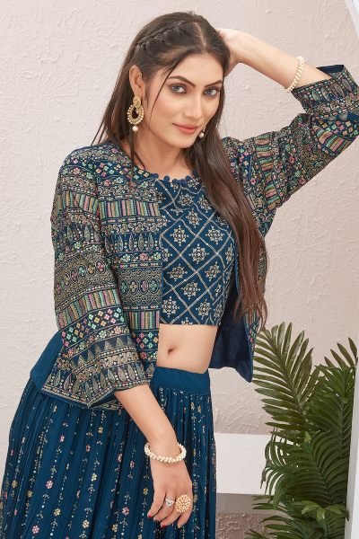 PETROL BLUE LEHENGA CHOLI WITH JACKET INDO-WESTERN LEHENGA