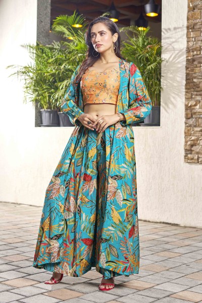 PRINTED ETHNIC CROP TOP WITH PLAZZO AND SHRUG KURTA AND SUIT SET