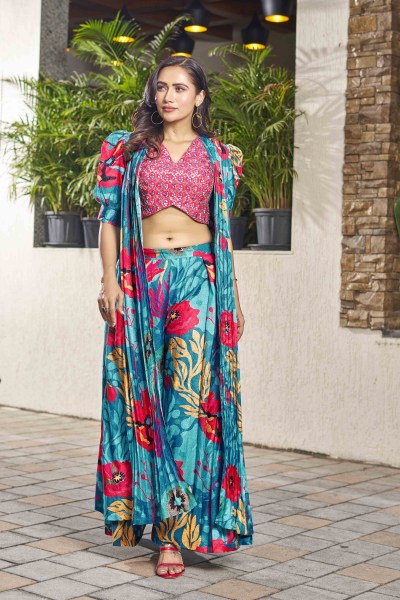 PRINTED ETHNIC CROP TOP WITH PLAZZO AND SHRUG 