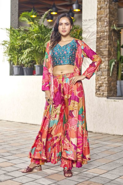 PRINTED ETHNIC CROP TOP WITH PLAZZO AND SHRUG CO-ORD SET