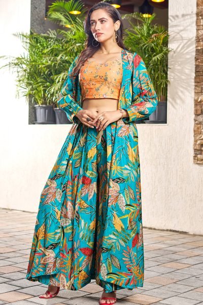 PRINTED ETHNIC CROP TOP WITH PLAZZO AND SHRUG 