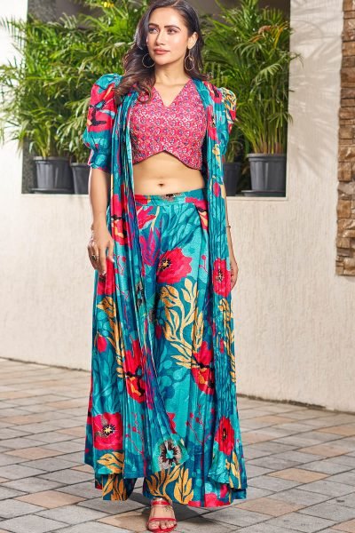 PRINTED ETHNIC CROP TOP WITH PLAZZO AND SHRUG 