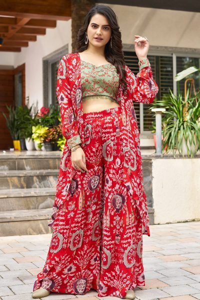 PRINTED ETHNIC CROP TOP WITH PLAZZO AND SHRUG CO-ORD SET