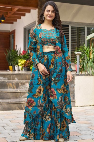 PRINTED ETHNIC CROP TOP WITH PLAZZO AND SHRUG CO-ORD SET