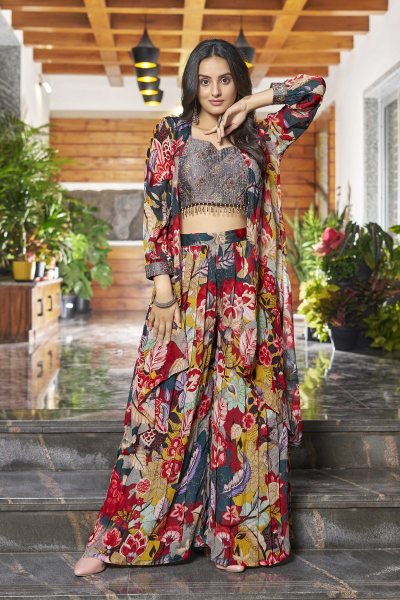 PRINTED ETHNIC CROP TOP WITH PLAZZO AND SHRUG CO-ORD SET