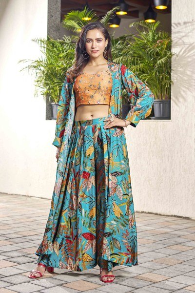 PRINTED ETHNIC CROP TOP WITH PLAZZO AND SHRUG CO-ORD SET